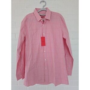 Hugo Boss Slim Fit Button Down Shirt Red Pink White Plaid Size 16 32/33 NWT